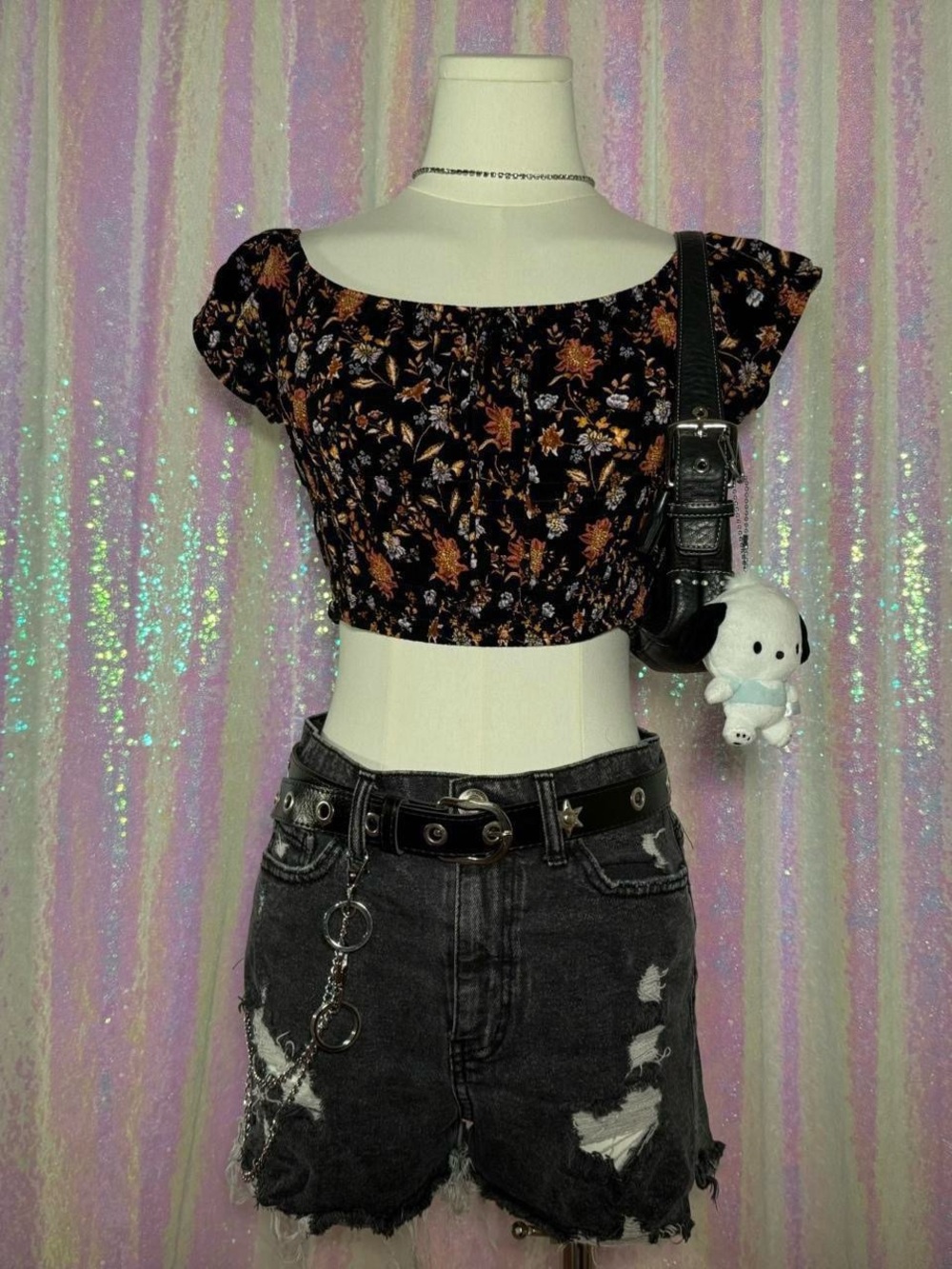 Kendall & Kylie Black & Brown Floral Off-The-Shoulder Milkmaid Crop Top ★彡